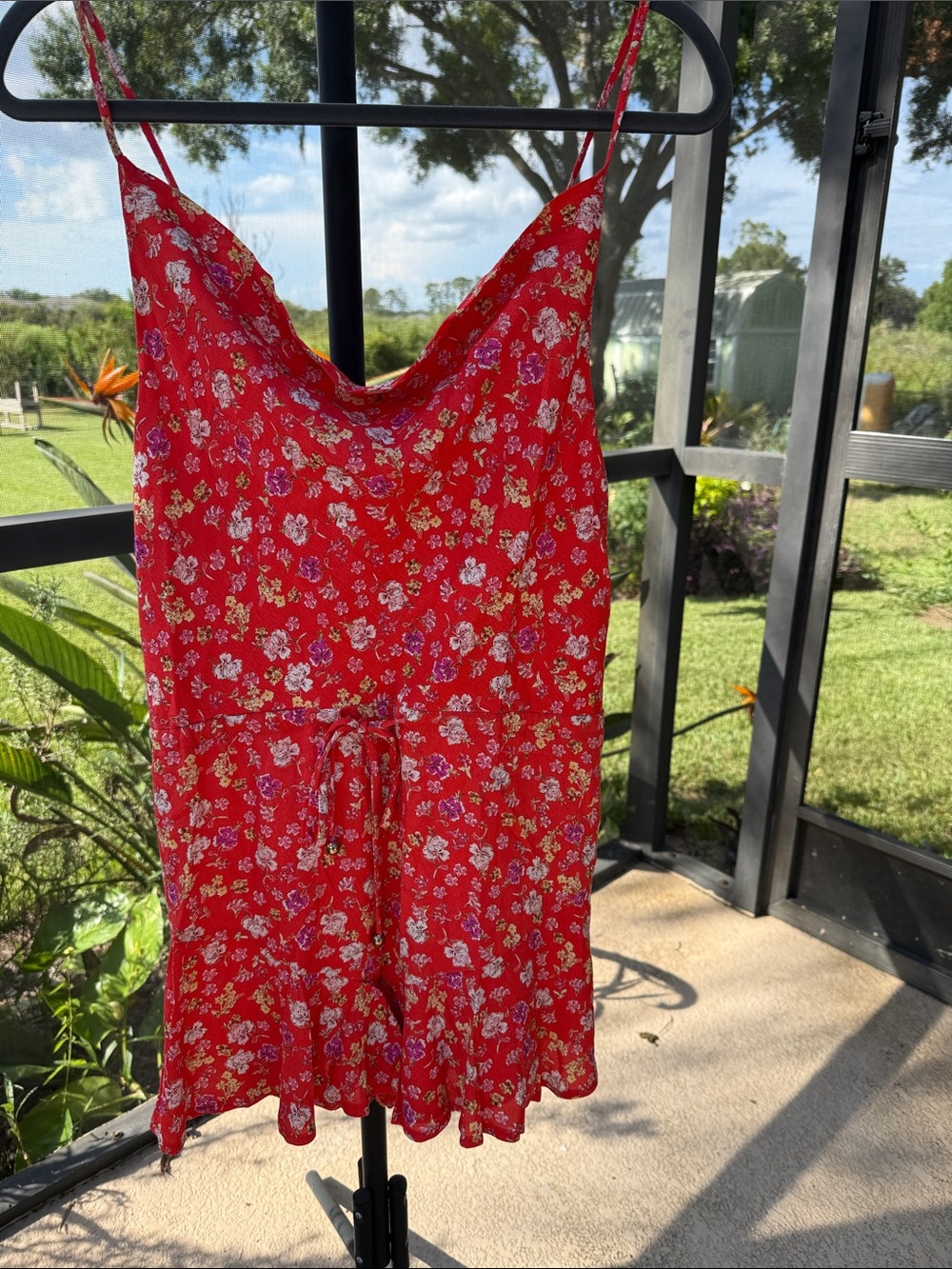 Skylar + Madison Red Floral Cowl-Neck Romper with Tie Waist